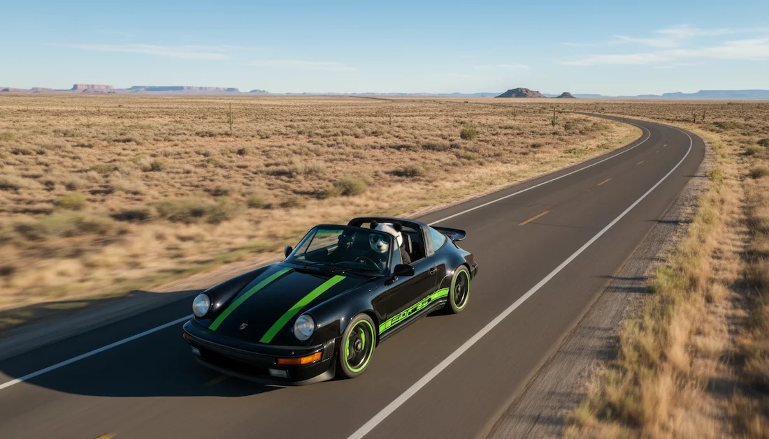 Panda driving a Porsche in Kansas wearing sunnies.