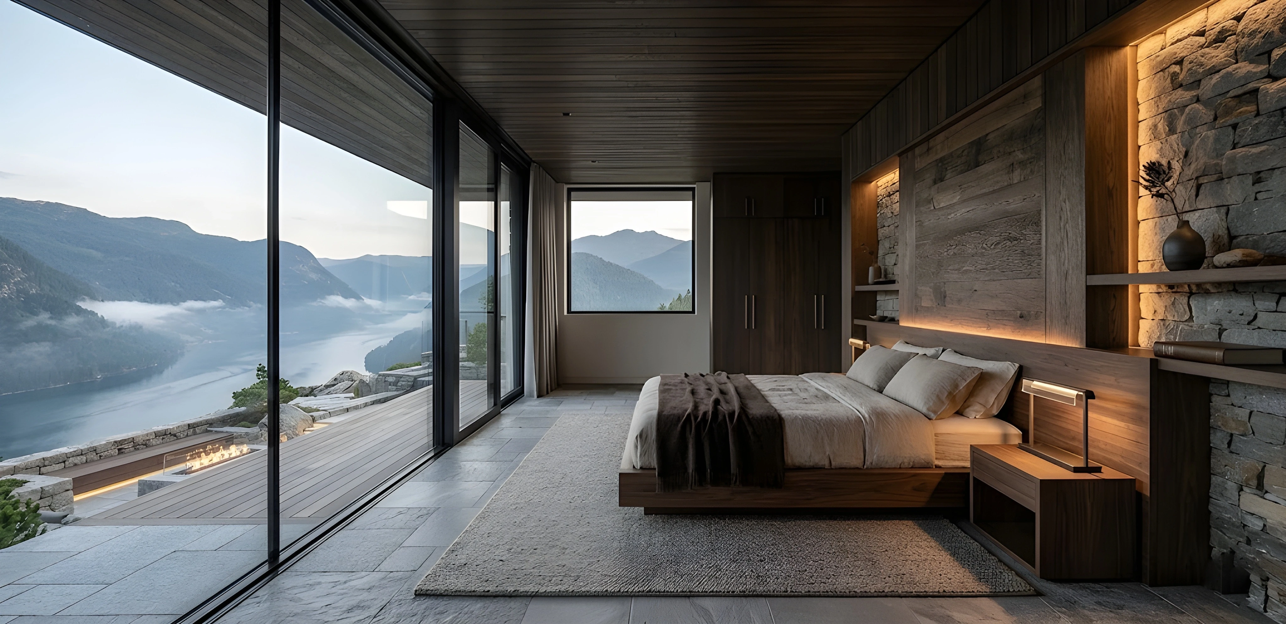 A minimalist, luxury master bedroom with dark wood paneled walls, a matching wood ceiling, and a low-profile platform bed. A massive floor-to-ceiling glass wall on the left and a square window in the center frame a panoramic view of a winding river valley and distant mountain peaks at dawn.