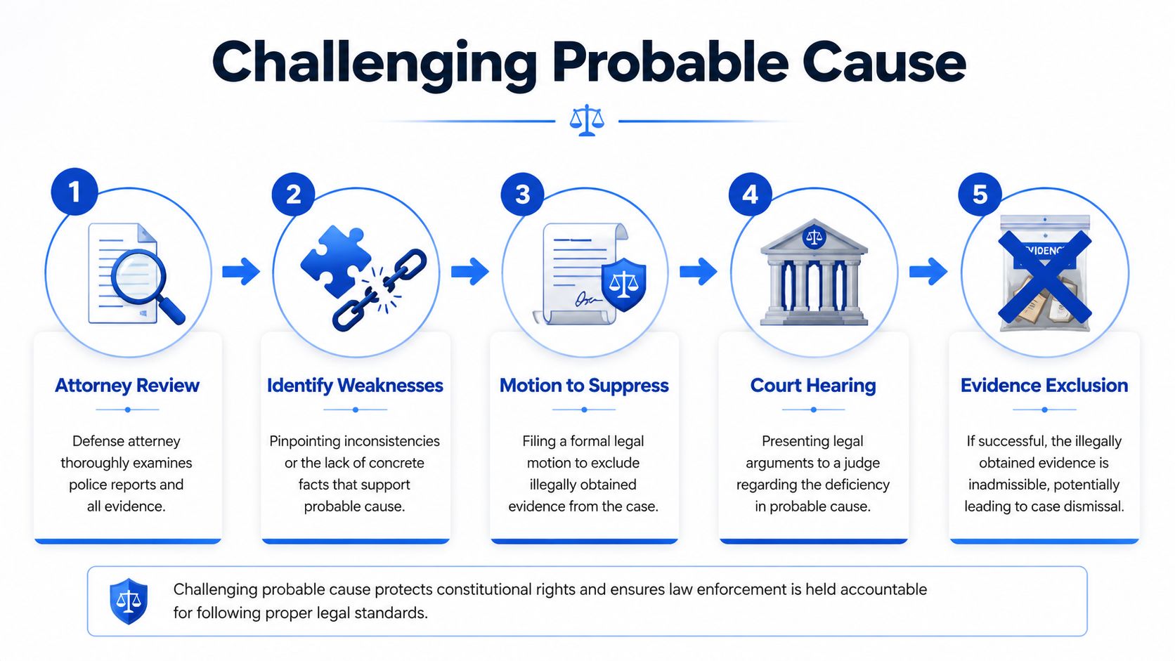 A five-step infographic illustrating the legal process of challenging probable cause in a criminal court case.