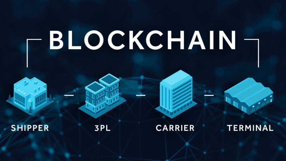 Blockchain technology interface overlapping a trucking yard with commercial trucks, representing secure transactions and transparency in the US trucking supply chain.  