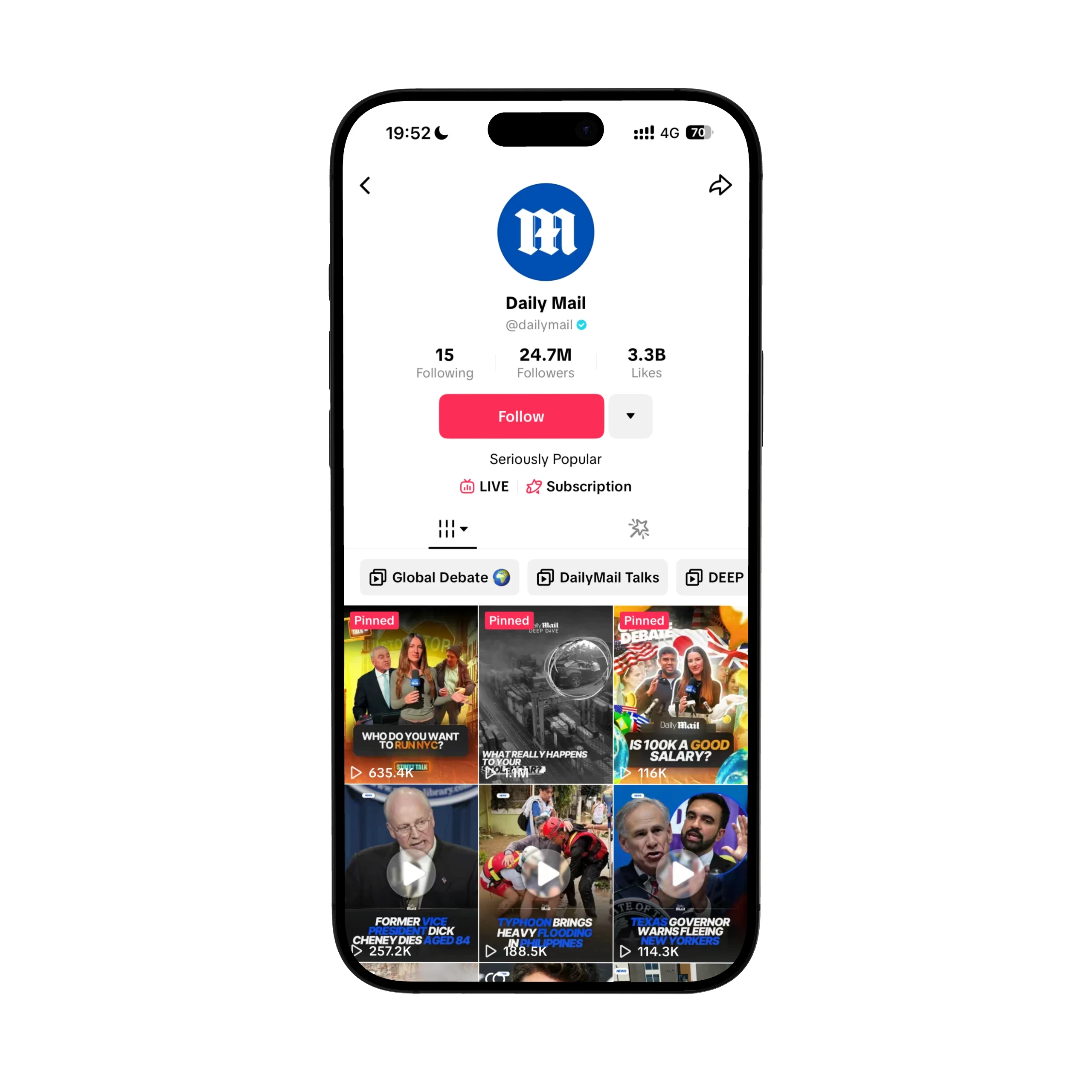 Screenshot of the official Daily Mail TikTok profile with 24.7M followers, showcasing viral news videos, global debate topics, interviews, and Daily Mail Talks content.