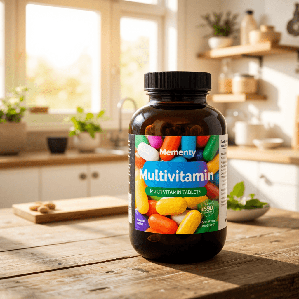 product photography of a bottle of multivitamin tablets