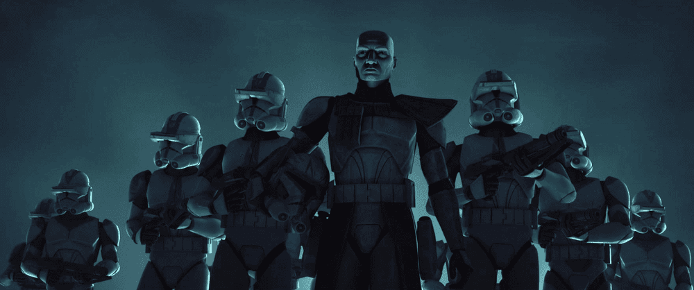 Captain Rex leading a squad of helmeted clone troopers in a green glow