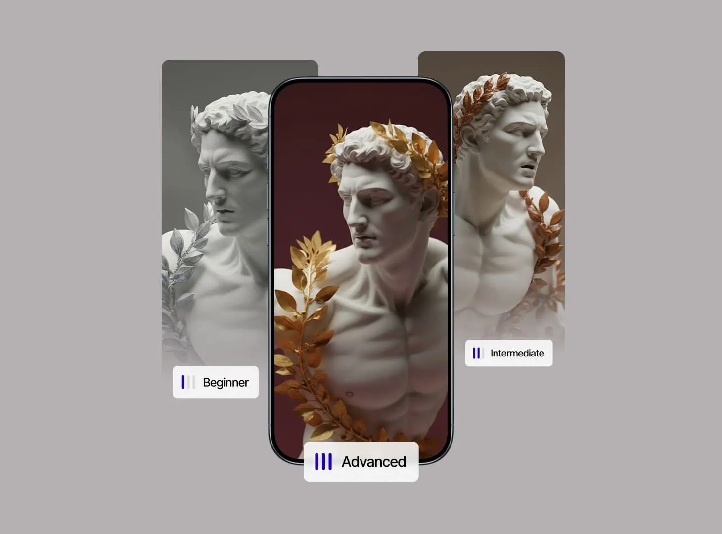 Three mobile UI screens showcasing training levels (Beginner, Intermediate, Advanced), each featuring a classical marble statue of an athlete with a golden laurel wreath.