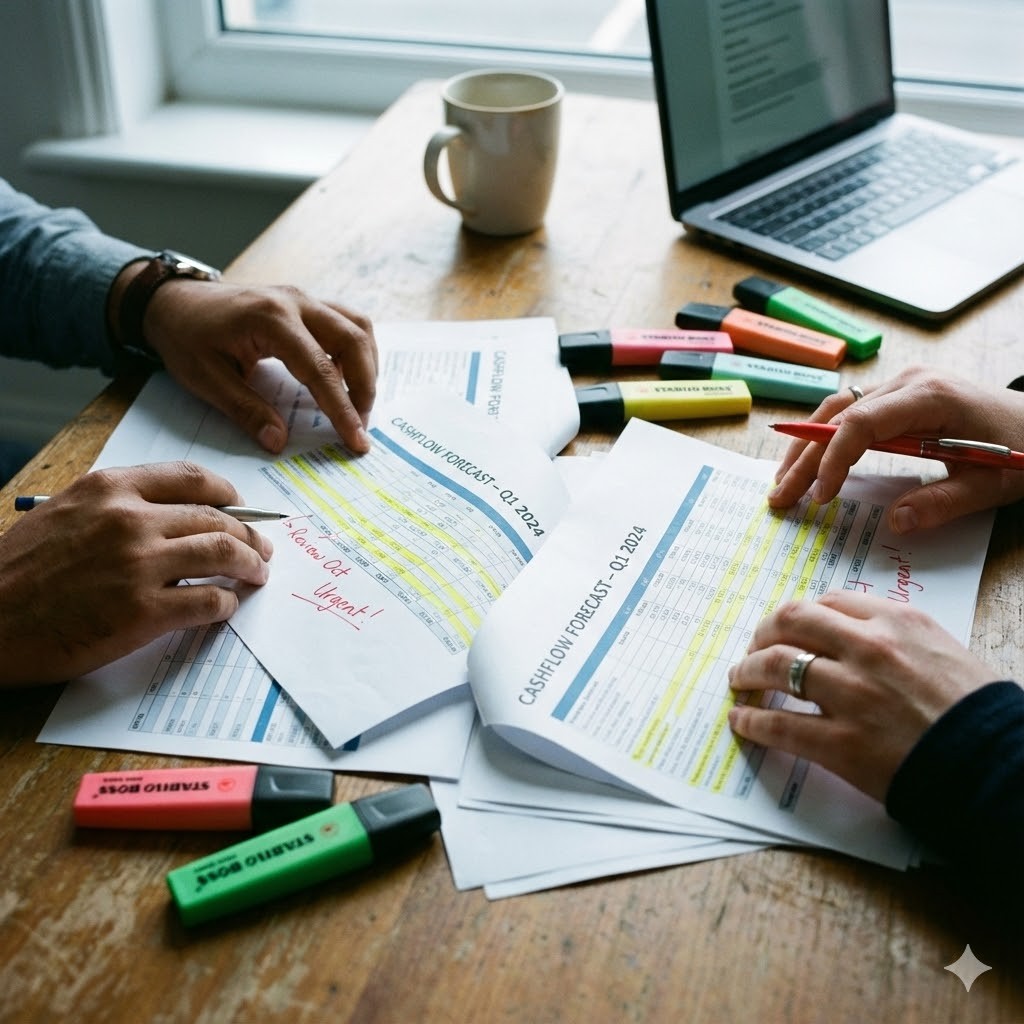 A professional woman with short dark hair wearing a beige blouse stands in a busy office.