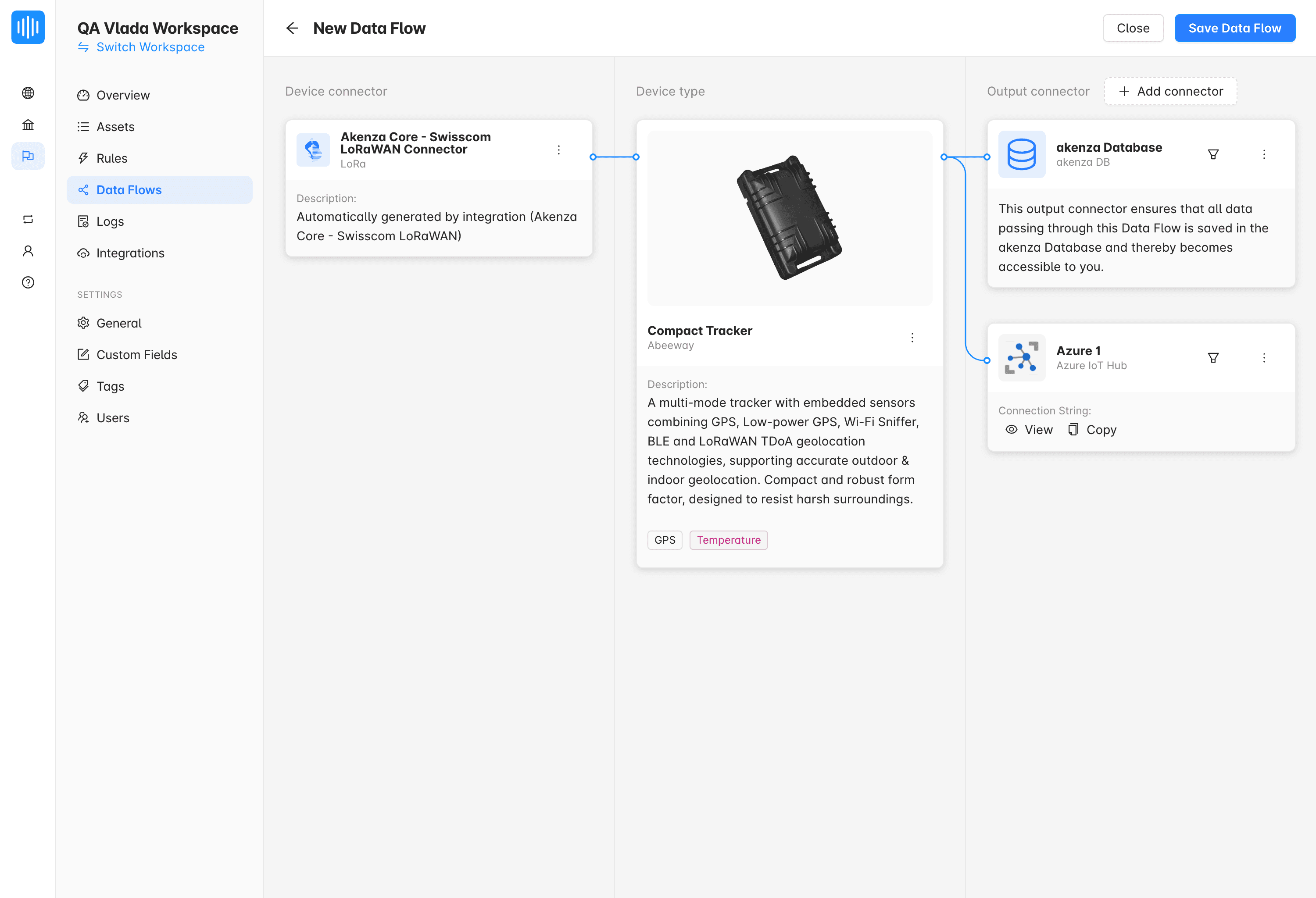 Data flow example on the akenza dashboard