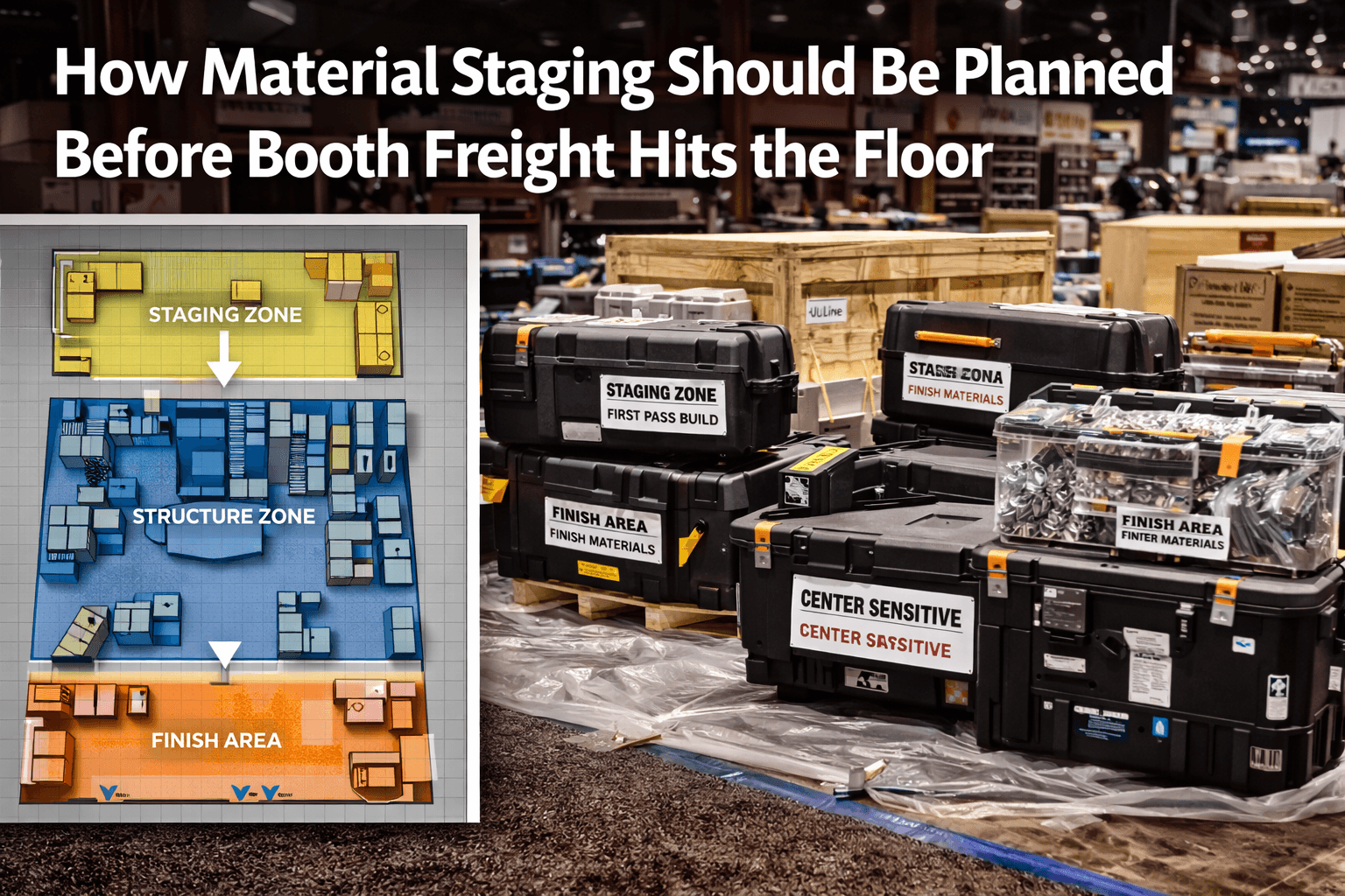 Trade show booth material staging plan with labeled freight cases, floor-zone map, and protected staging area prepared before booth delivery