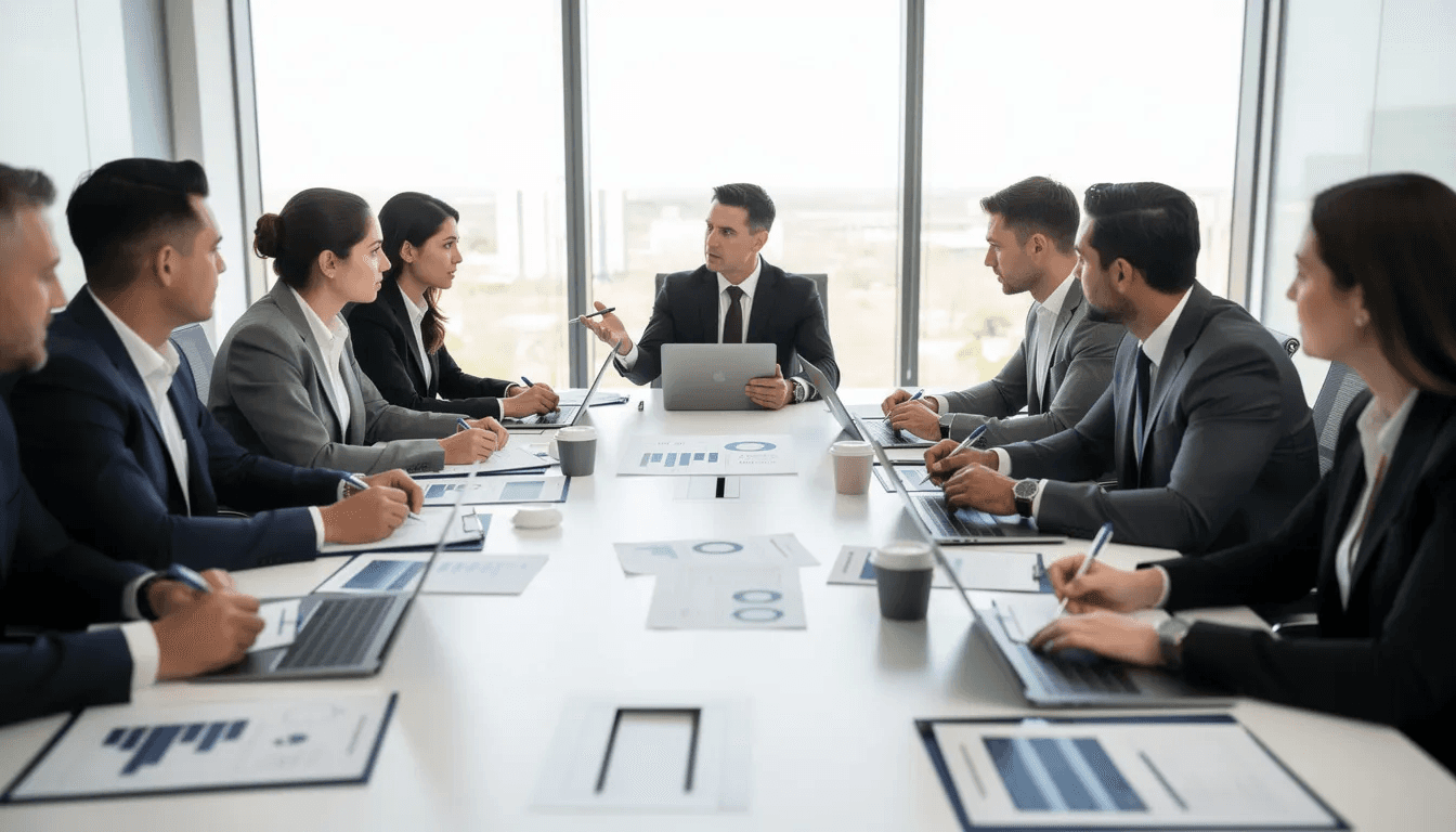A group of financial professionals is gathered around a conference table, reviewing documents and discussing strategies for managing newfound wealth from lottery winnings. The atmosphere is focused, highlighting the importance of financial planning and investment strategies for a secure financial future.
