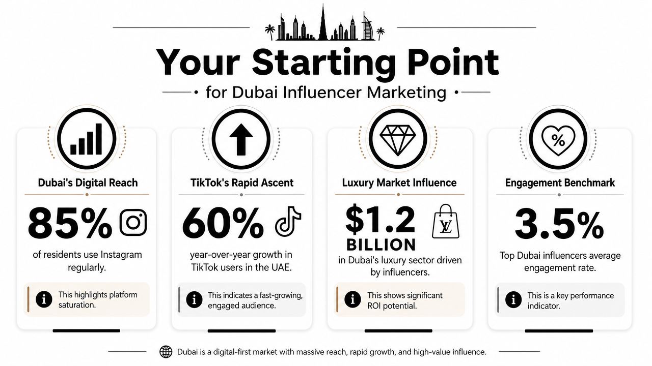 An infographic summarizing key statistics and insights for influencer marketing in the Dubai market.