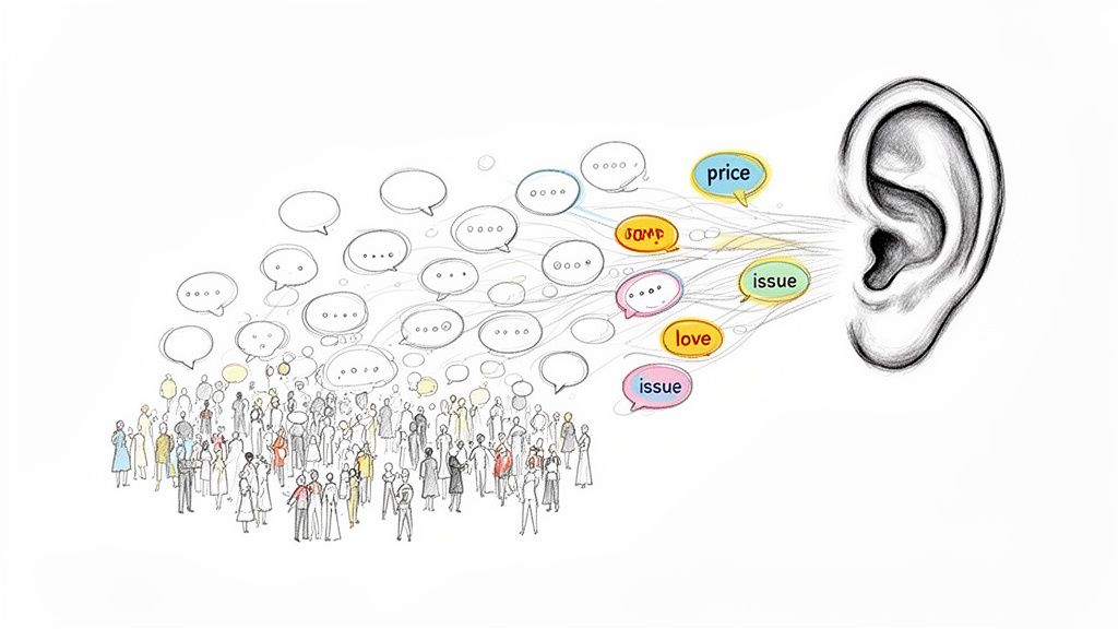 A crowd speaks into bubbles, with key terms like price, issue, and love, flowing into a large ear, symbolizing active listening.