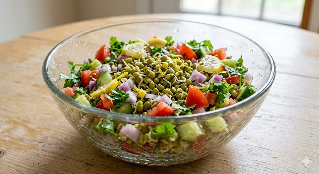 A glass bowl of fresh sprouted moong salad filled with chopped red onions, tomatoes, cucumbers, fresh coriander, and lemon slices, resting on a wooden table with natural light.