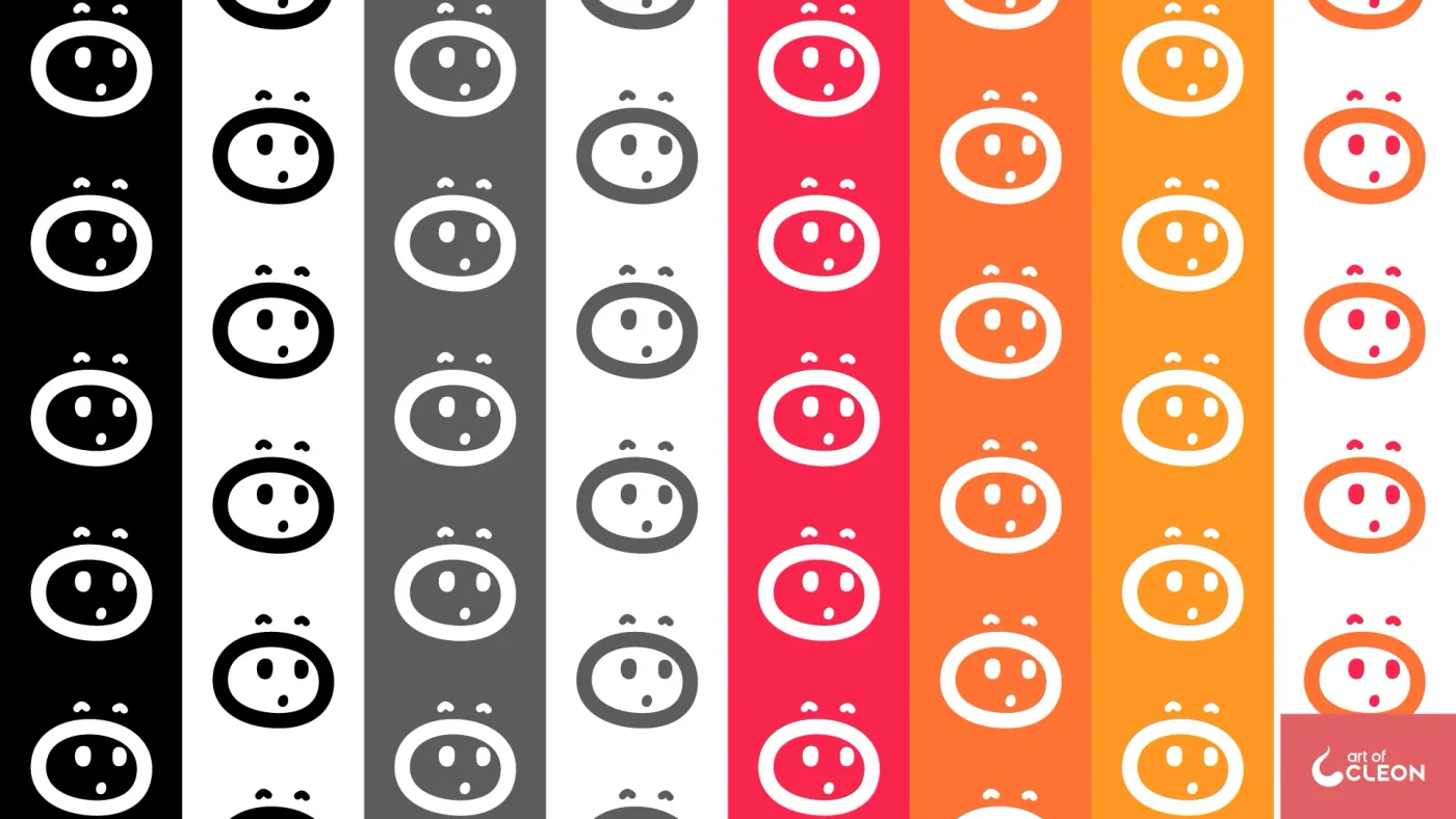 A repeat pattern of the surprised-face icon across eight vertical bands, alternating black, charcoal gray, pink-red, coral orange, warm orange, and white.