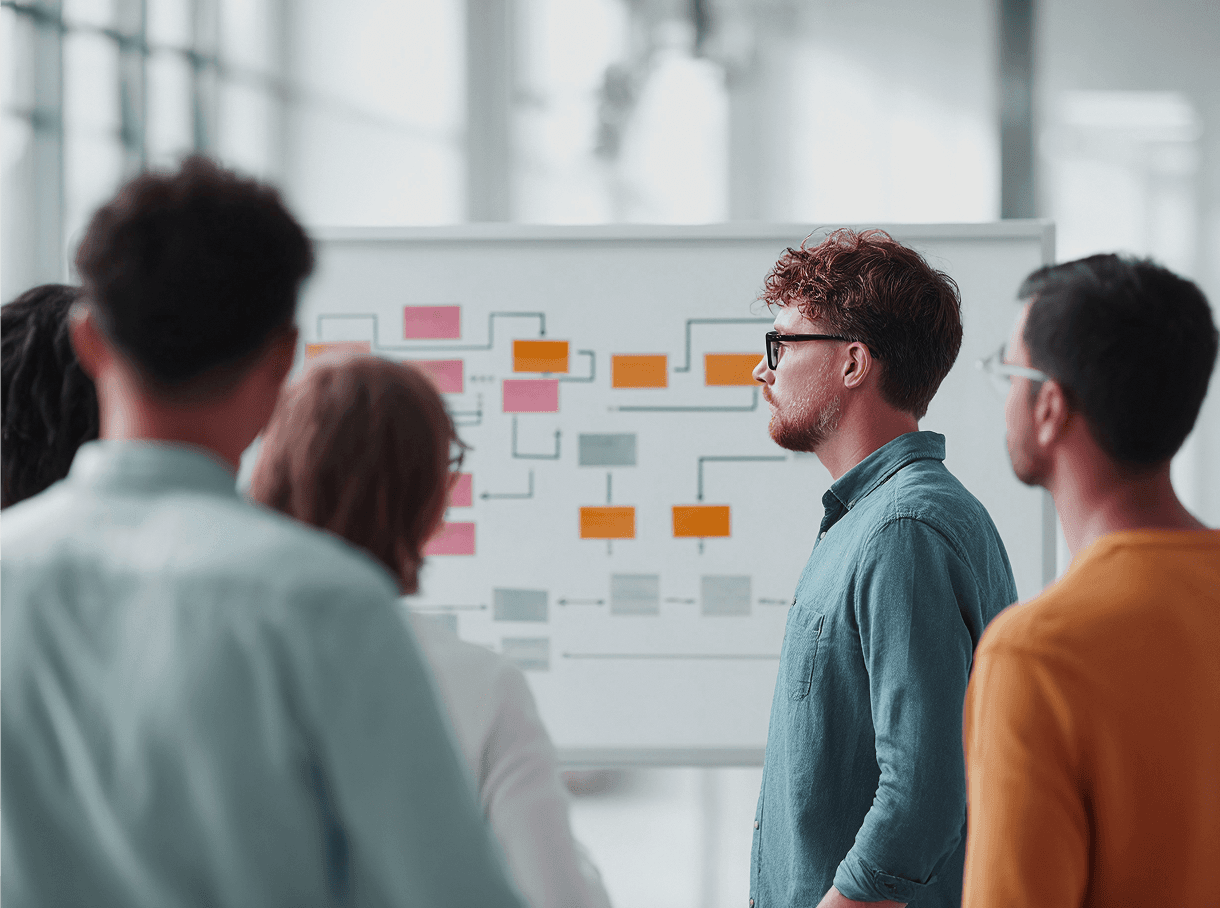 Confident man with short brown hair and beard, wearing a navy zip-up in natural light