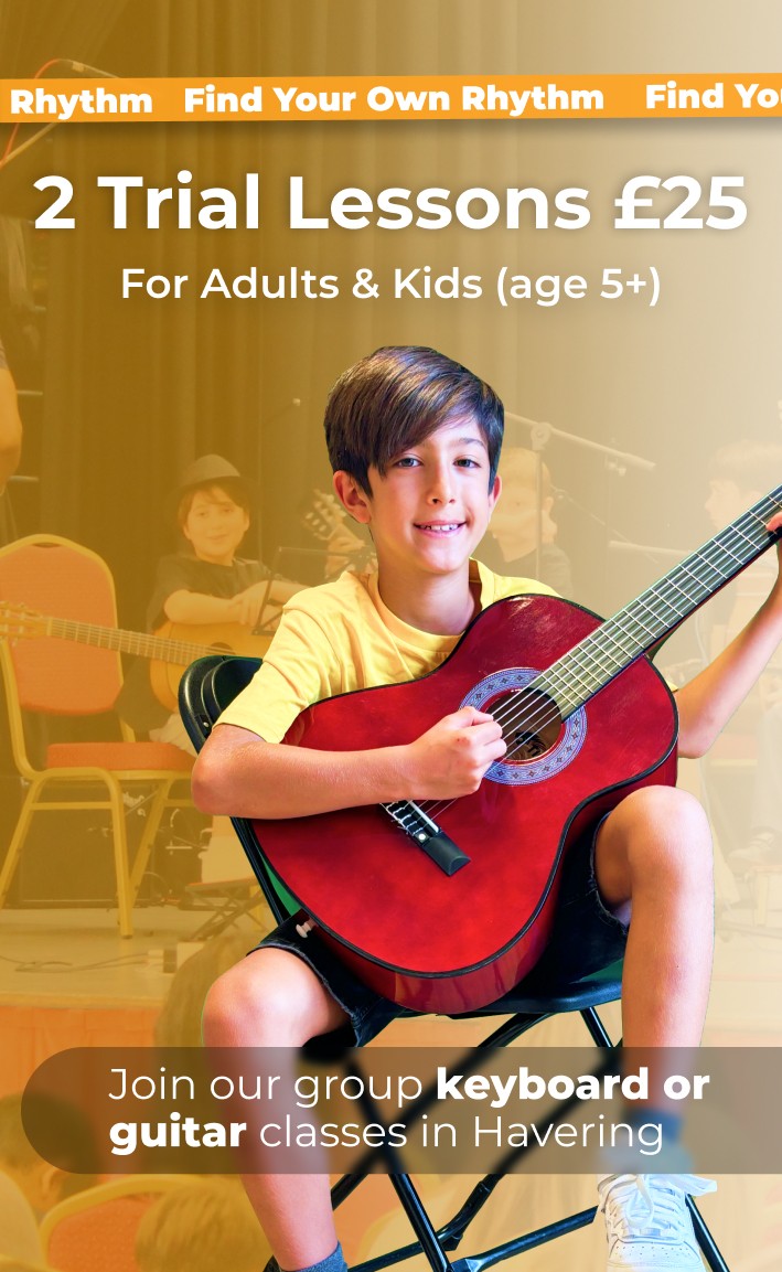 Advertising banner for two trial lessons for only £25 for keyboard or guitar classes in Havering