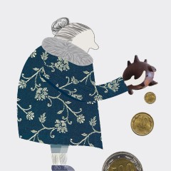 Portada de Pensiones en Chile, estudio de IdeaPaís, mostrando una ilustración de una mujer mayor vestida con un abrigo estampado, que vuelca un chanchito de greda del que caen algunas monedas. 