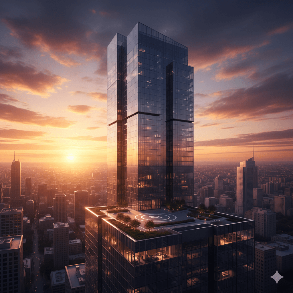 Modern glass commercial skyscraper at sunset in Sector 114 Gurugram by M3M