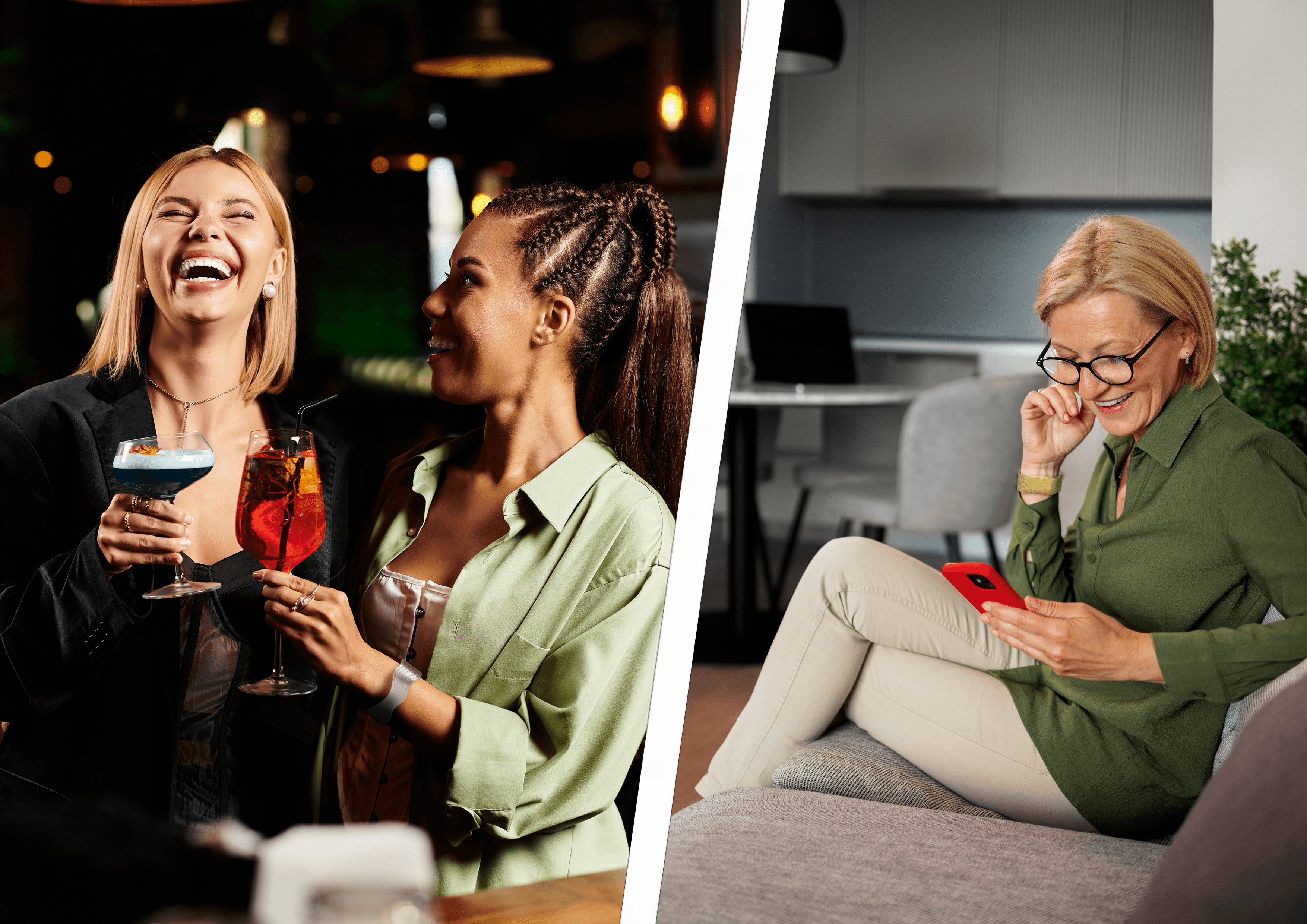 woman holding a phone and man looking at the phone. both are smiling