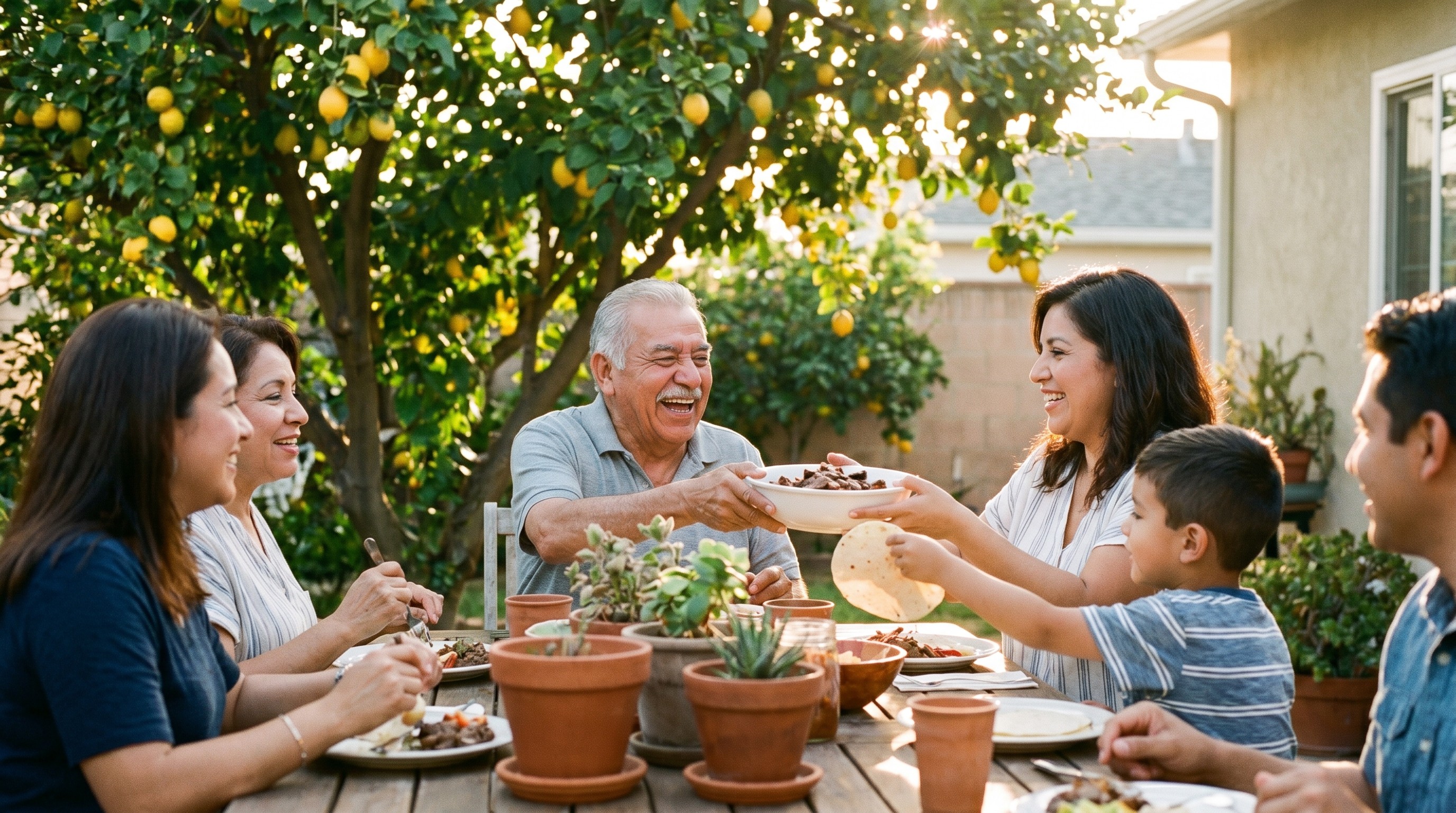 Multigenerational family sharing lunch on a sunny Southern California patio with warm afternoon light