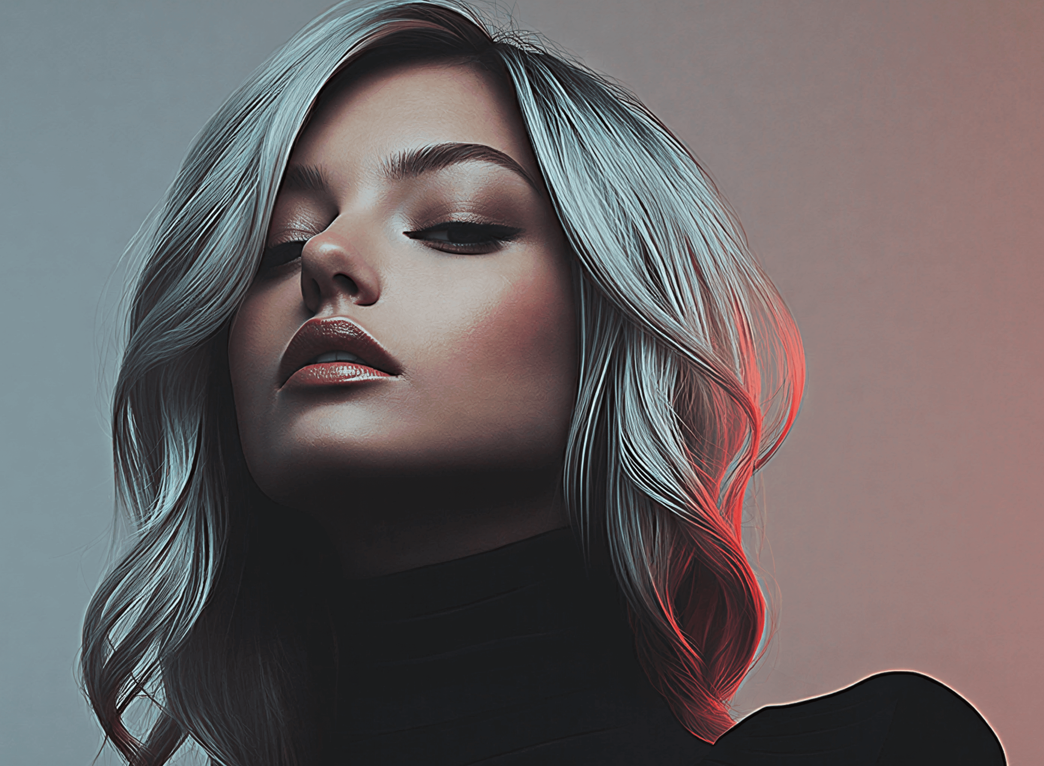 Woman with silver hair and dark makeup.