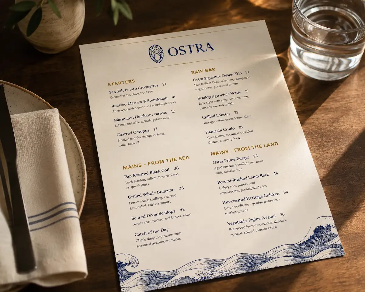 Professionally designed seafood restaurant menu on a dining table.