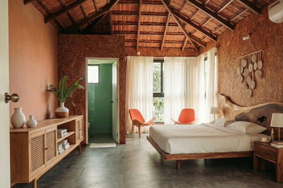classy bedroom with marble tiles and round mirror by the mountains