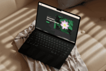 Mockup d’un site web d’hypnose Alexandra Énergies Divines affiché sur un ordinateur portable noir, avec une fleur de lotus rose en visuel principal.