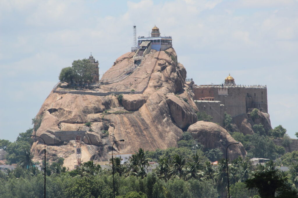 Uchhi Pillayyar temple in the Rock fort of Trichy as seen from a distance.