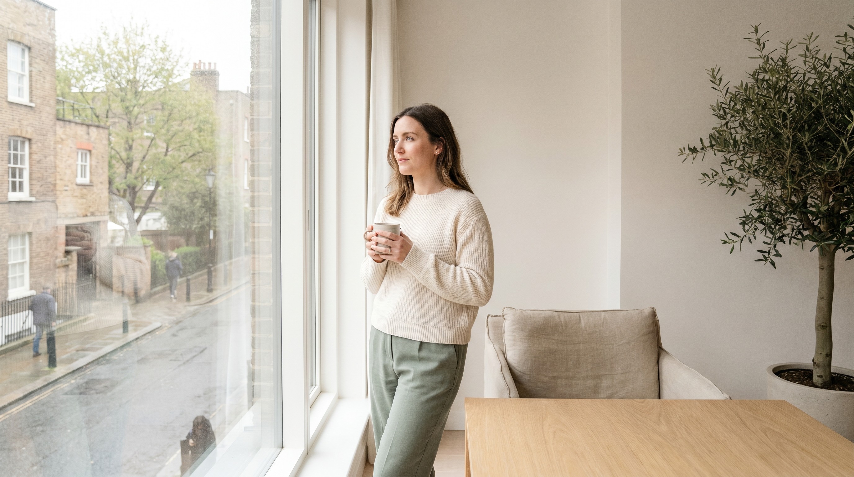 Woman in her thirties holding tea by a sunlit window in a calm minimalist home reflecting quietly