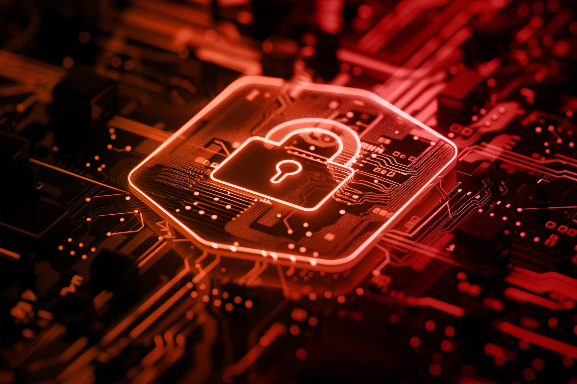 A computer chip design highlighted in red against a dark background, symbolizing digital security and technology.