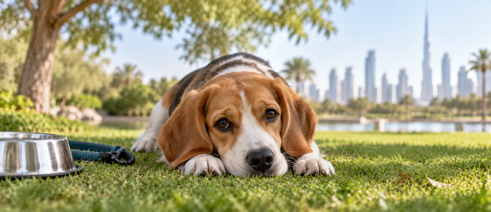 A Beagle lies low on the grass near an empty water bowl in a Dubai park setting.