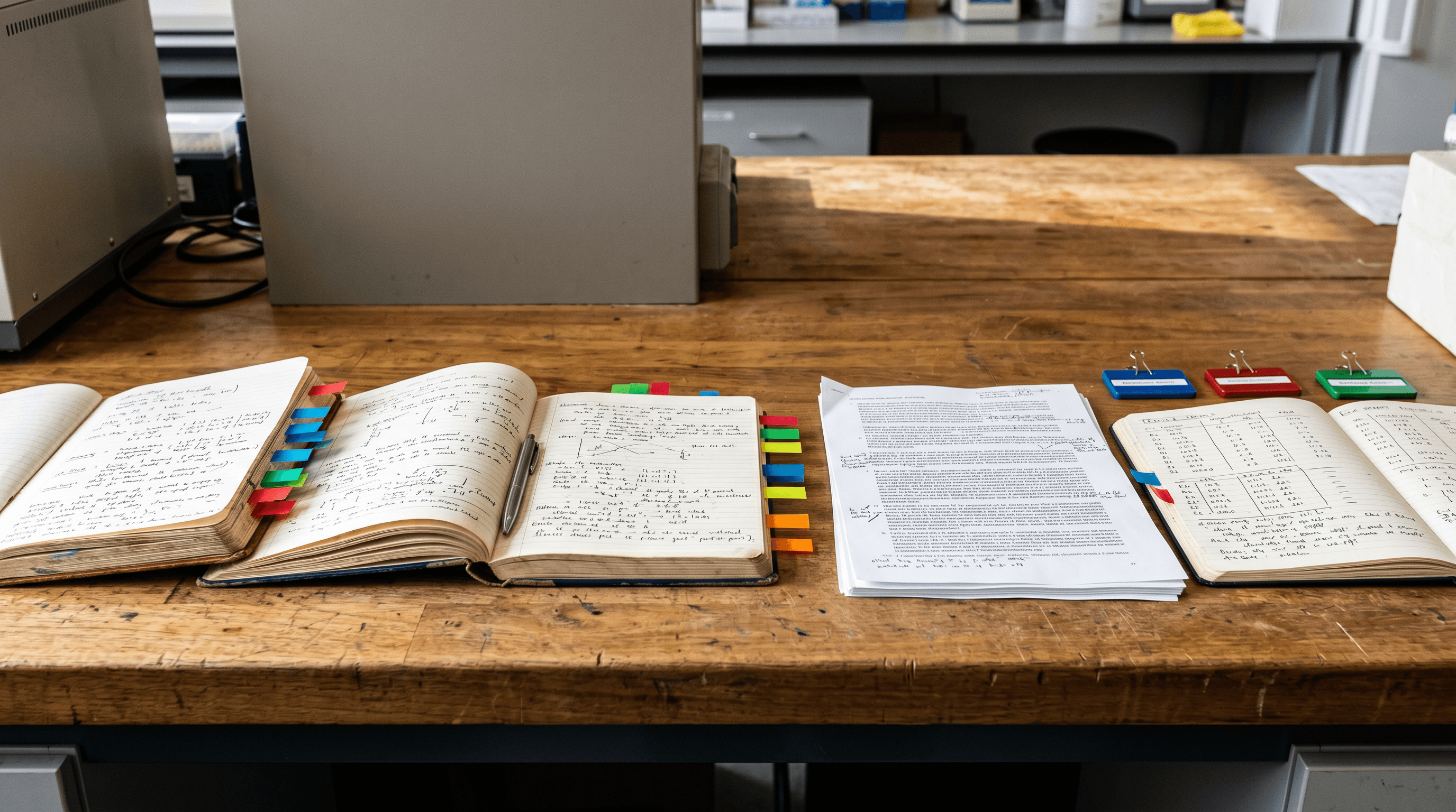 Shared lab table with notebooks and comment markers