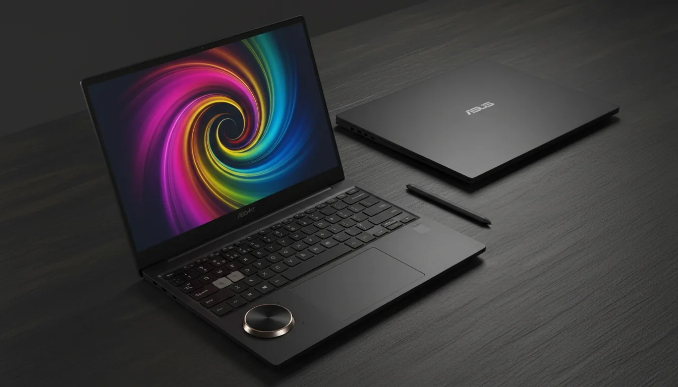 DSLR product photography of a premium matte black ProArt laptop workstation for creative professionals, arranged on a dark, textured wood grain desk. One laptop is open, screen displaying a vibrant abstract colorful swirl, with a physical control dial and a stylus on the chassis. A second, identical laptop is closed in the background. Soft studio lighting creating elegant highlights and deep, soft shadows. High-angle shot, sharp focus, minimalist and sleek composition.