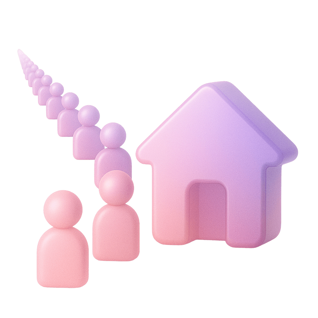 This image depicts a row of pink and purple humanoid figures leading towards a stylized house icon, symbolizing a connection between community and home.