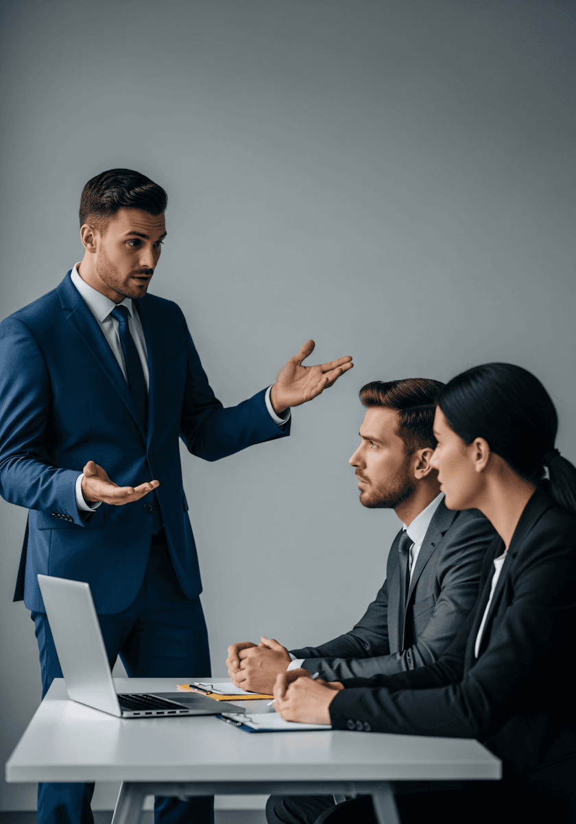 A business meeting with a man presenting to two colleagues, showcasing a professional and focused environment.