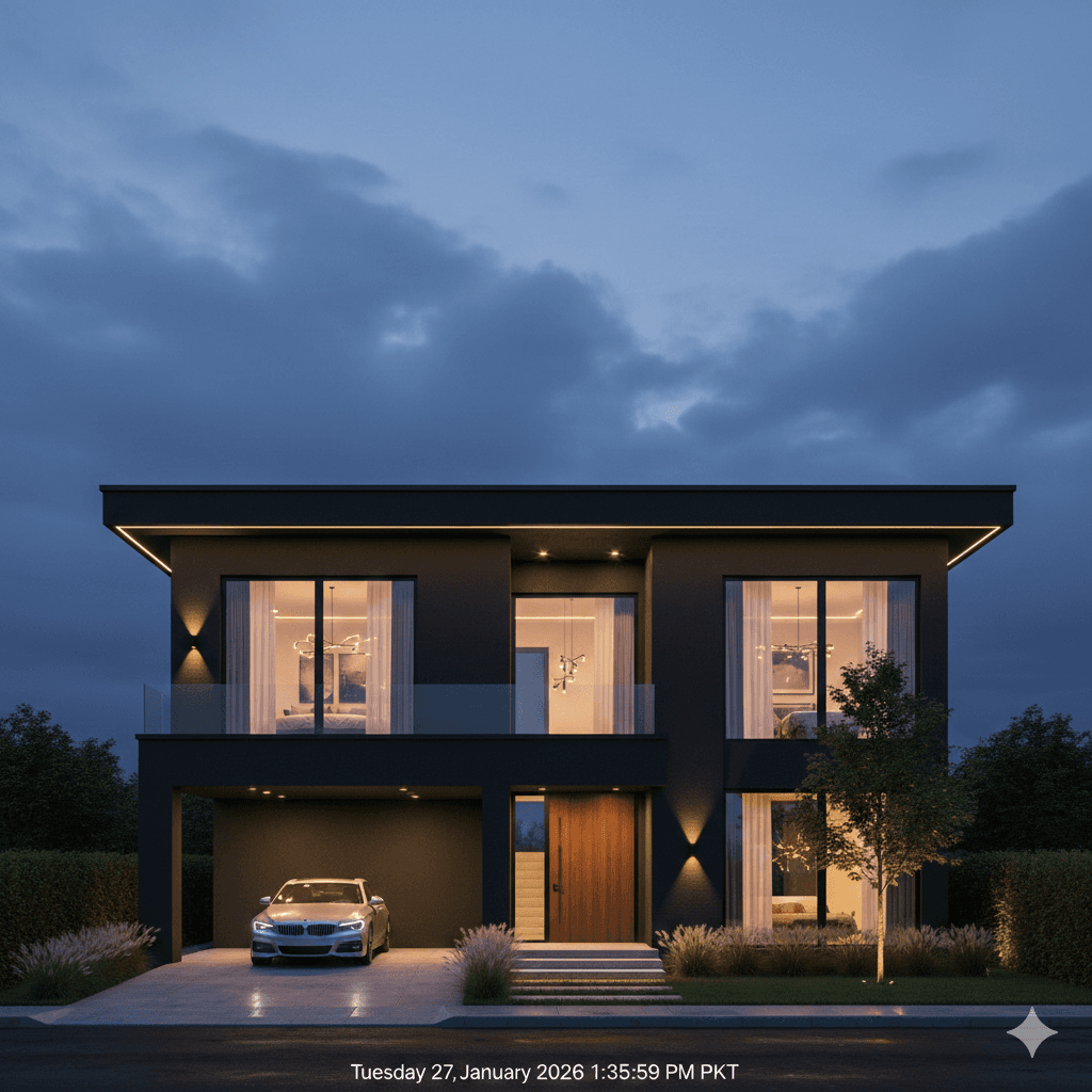 Modern two-story house at dusk, with large windows and warm interior lighting. A car is parked in the driveway; the sky is cloudy, creating a cozy atmosphere.