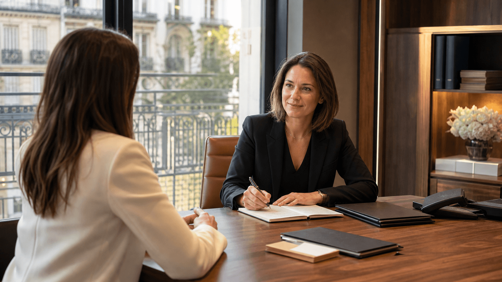 Conciergerie de luxe : rendez-vous en bureau élégant pour un échange professionnel, clé SEO.