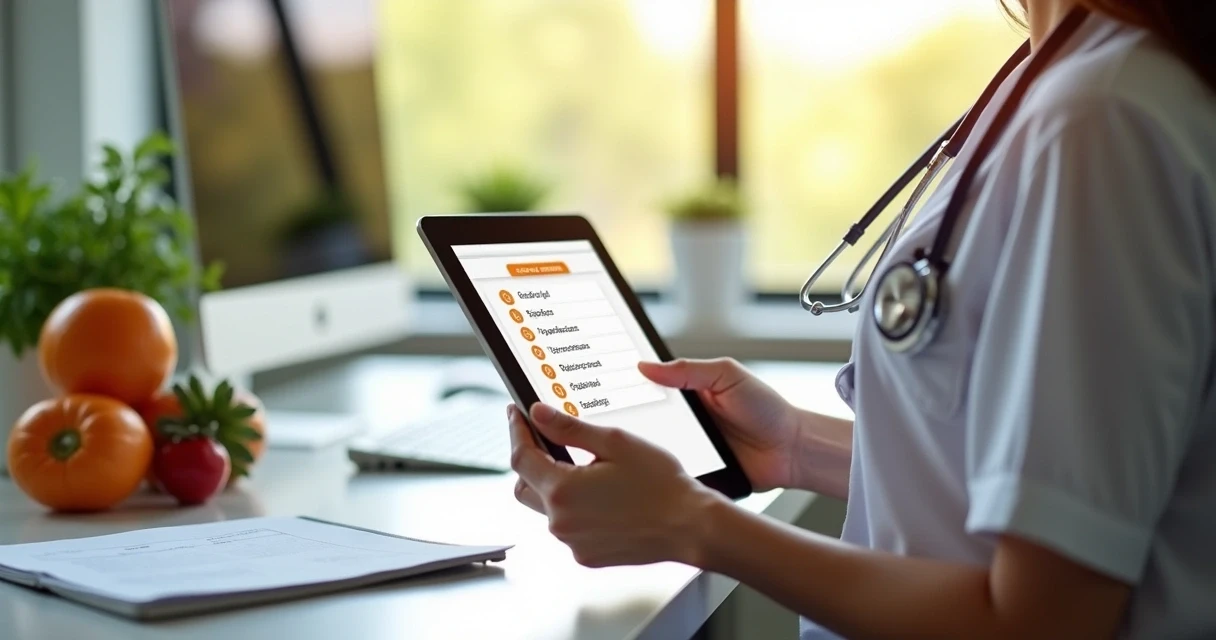 Nutricionista usando tablet com checklist aberto em tela 