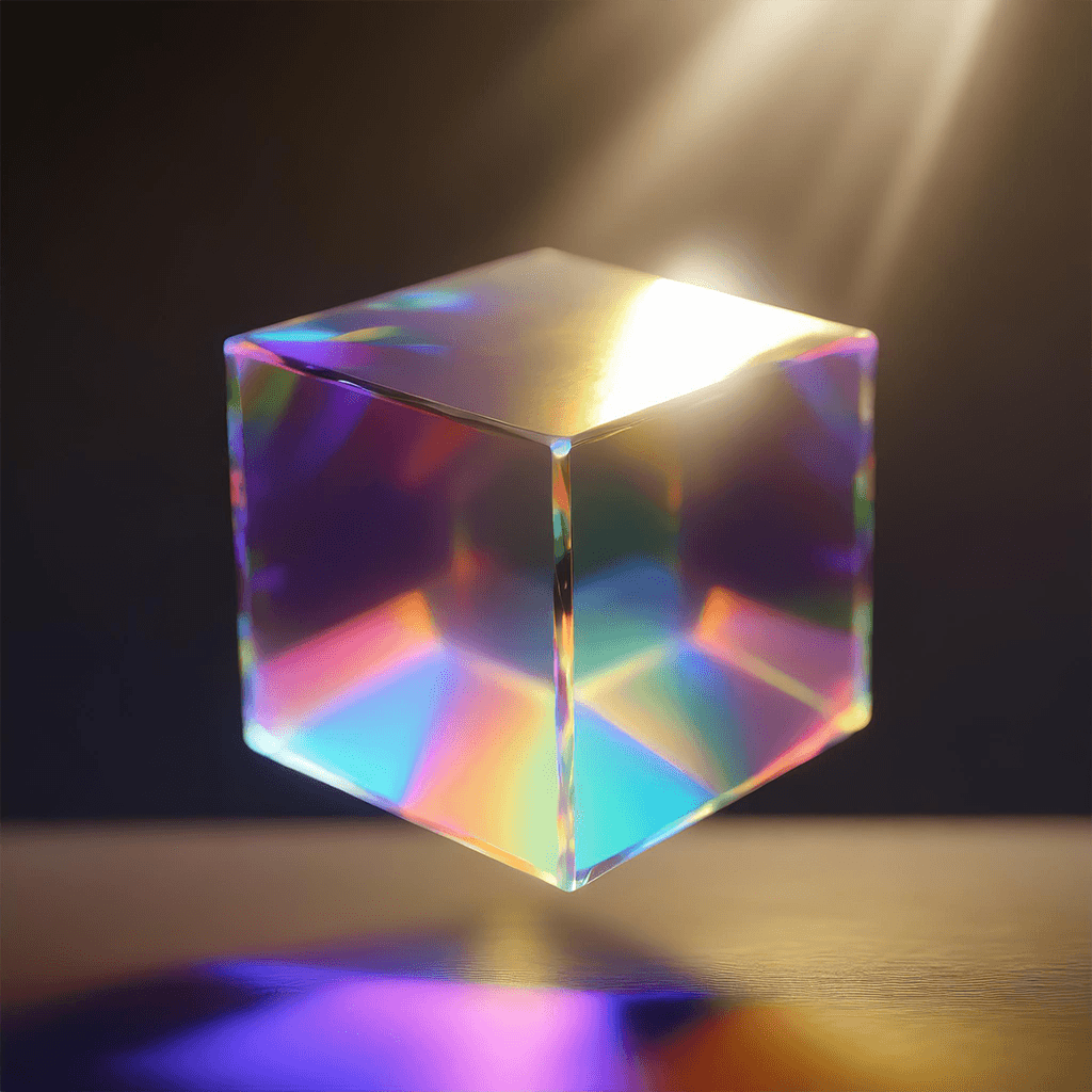 A translucent 3D cube floating under the influence of light