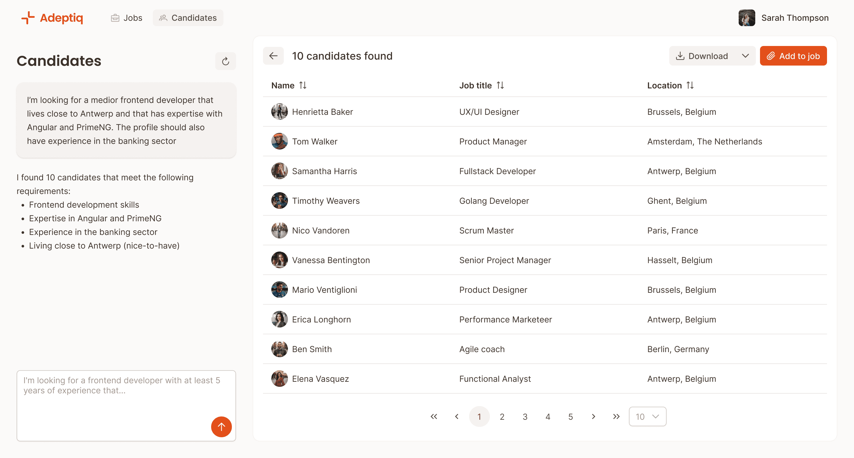 A screenshot of Adeptiq's "Search candidate" feature