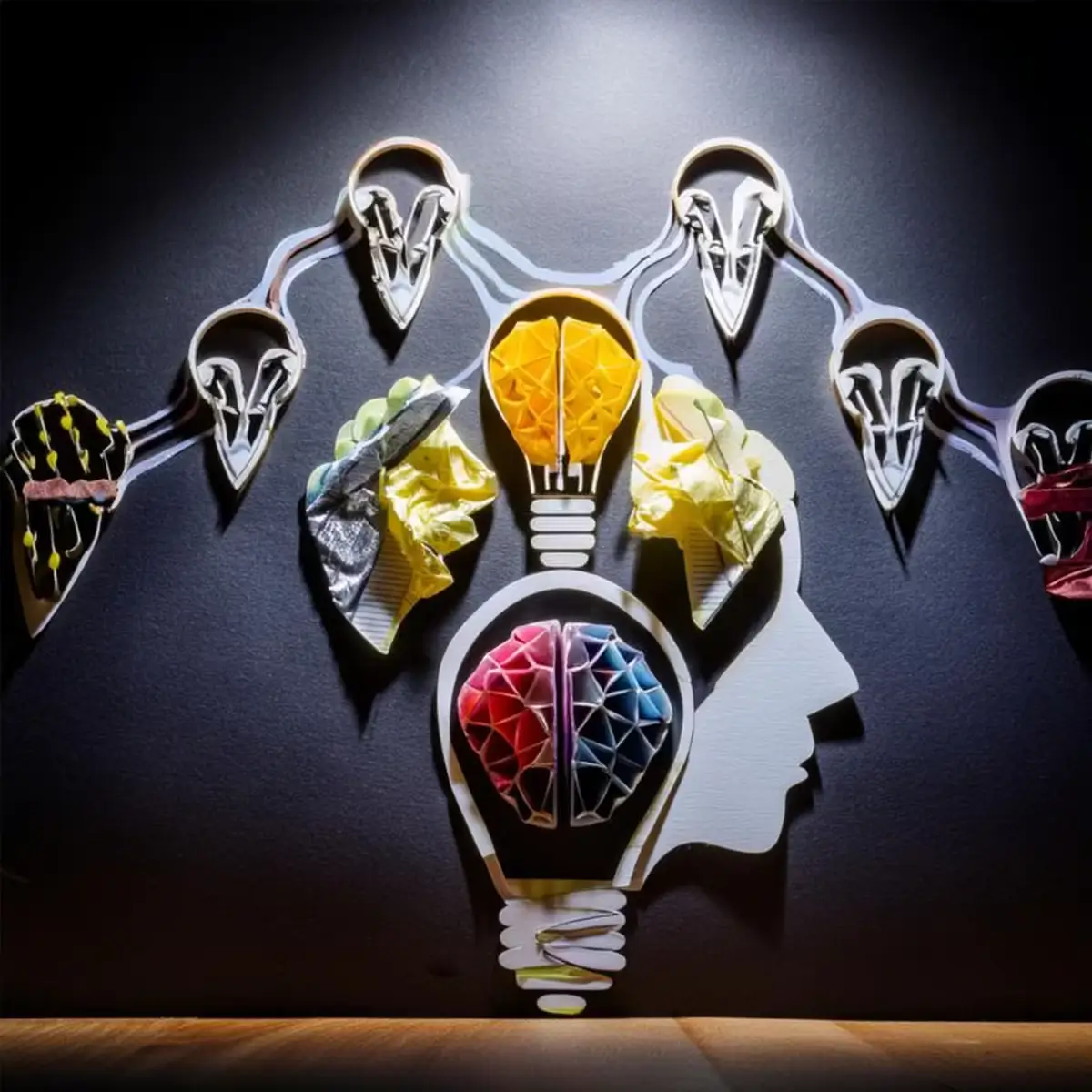 Illustration of a human head and lightbulbs connected by abstract lines, representing divergent thinking and creative problem solving.