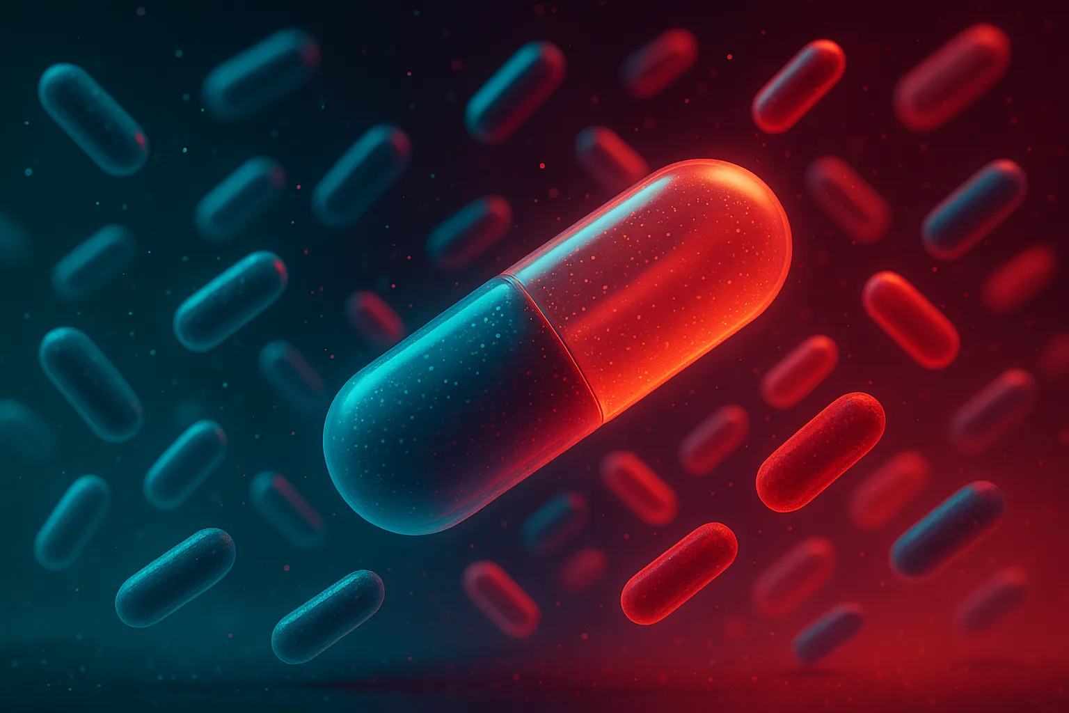 S-Acetyl Glutathione - Red and blue glowing capsule surrounded by floating pills.