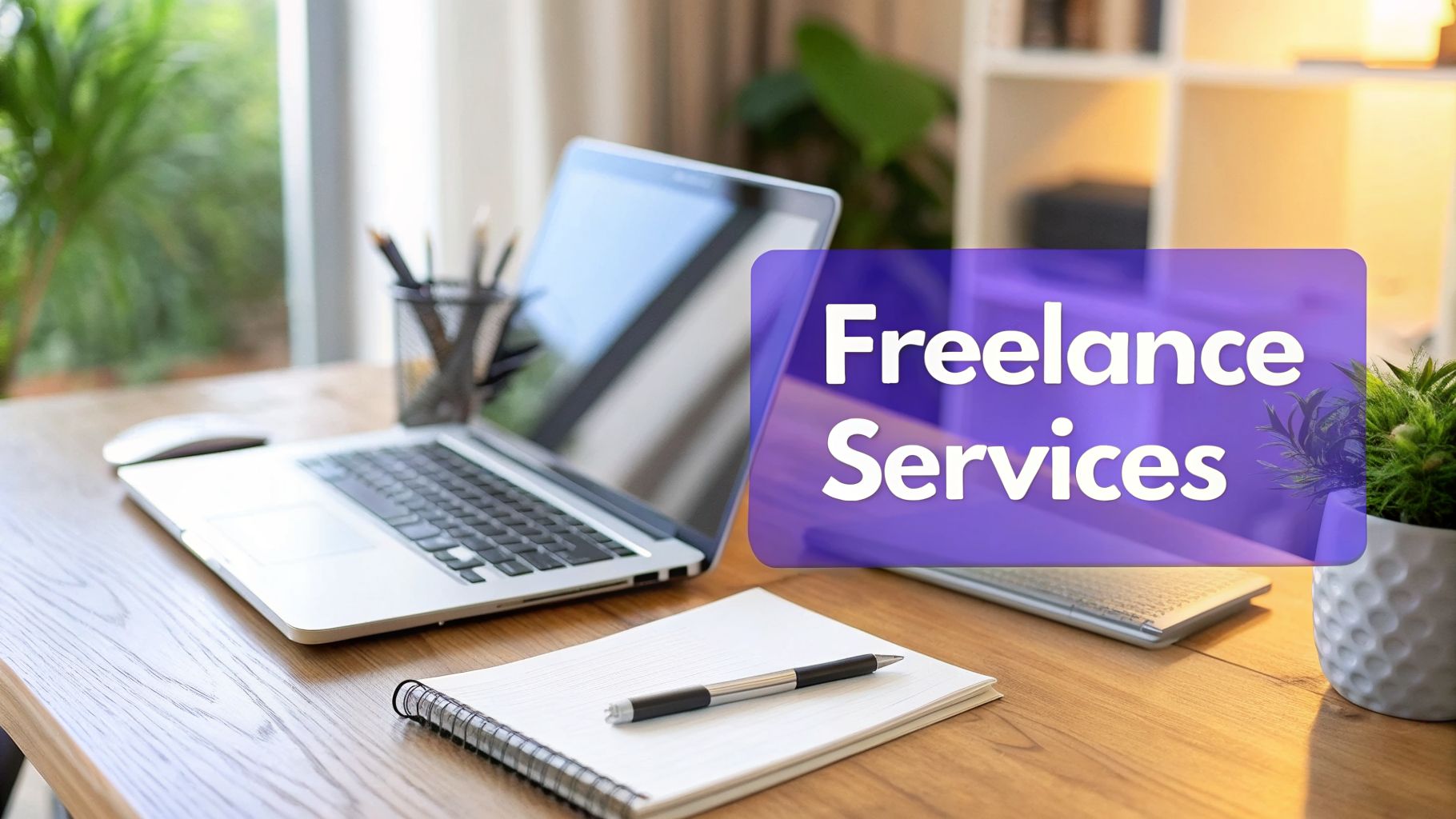 A bright modern workspace with a laptop, notebook, and a purple text overlay 'Freelance Services'.