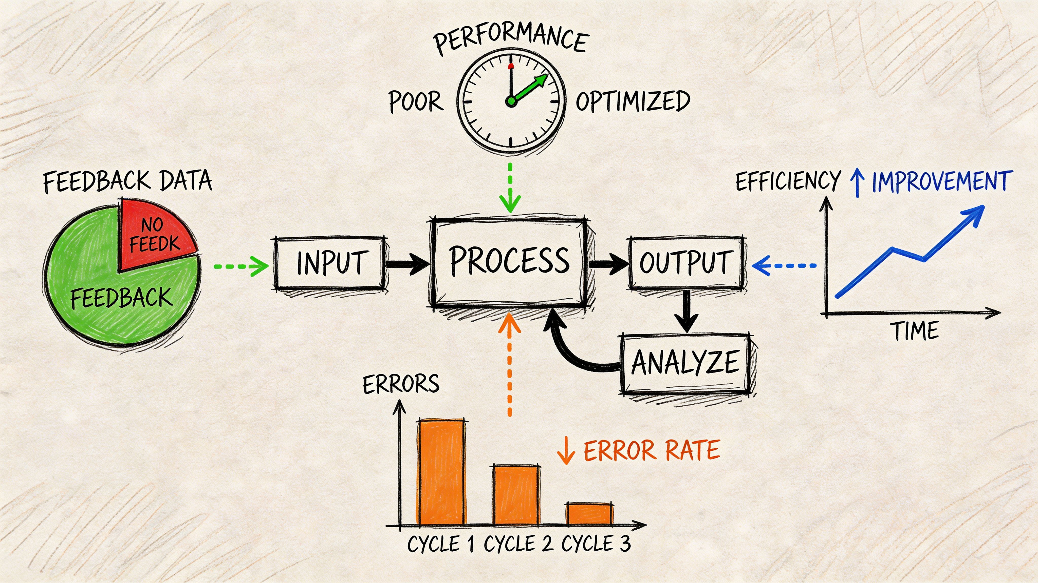 A diagram illustrating a marketing automation workflow process showing input, processing, analysis, and feedback loops for improvement.