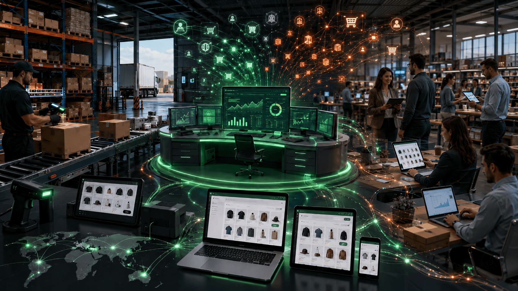 Centro de controle digital em um grande armazém atacadista, com telas de ERP, fluxo de pedidos, estoque organizado, dispositivos com portal B2B e conexões luminosas integrando operação logística, vendas e clientes.