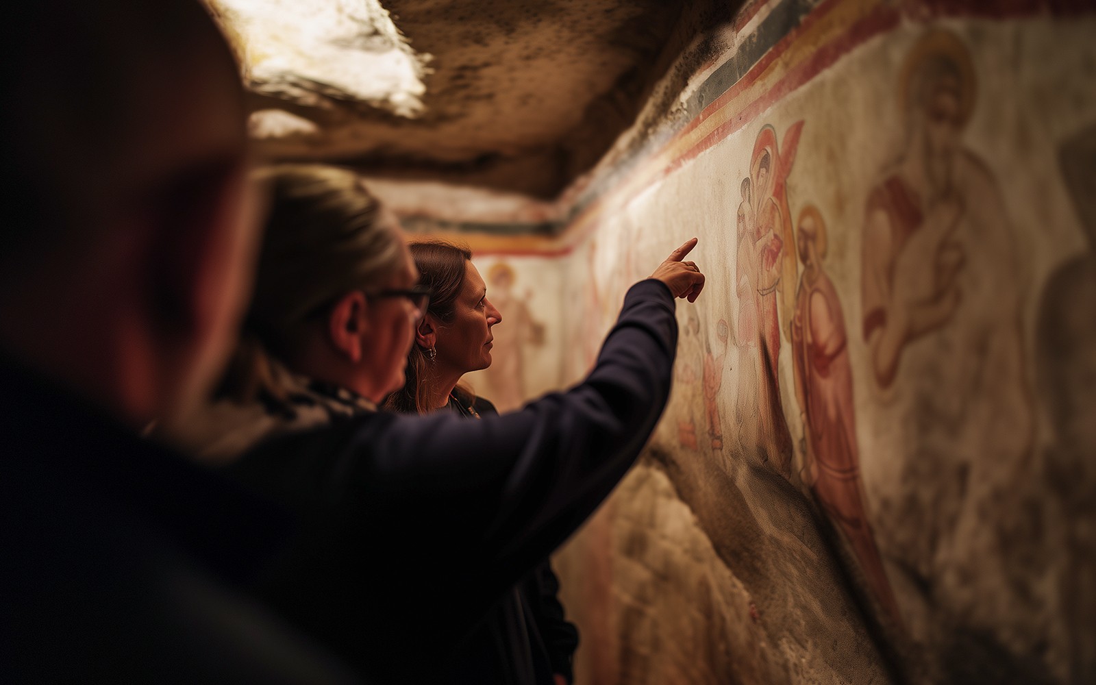 Visitors exploring ancient Roman Catacombs with a guide, Rome, Italy.