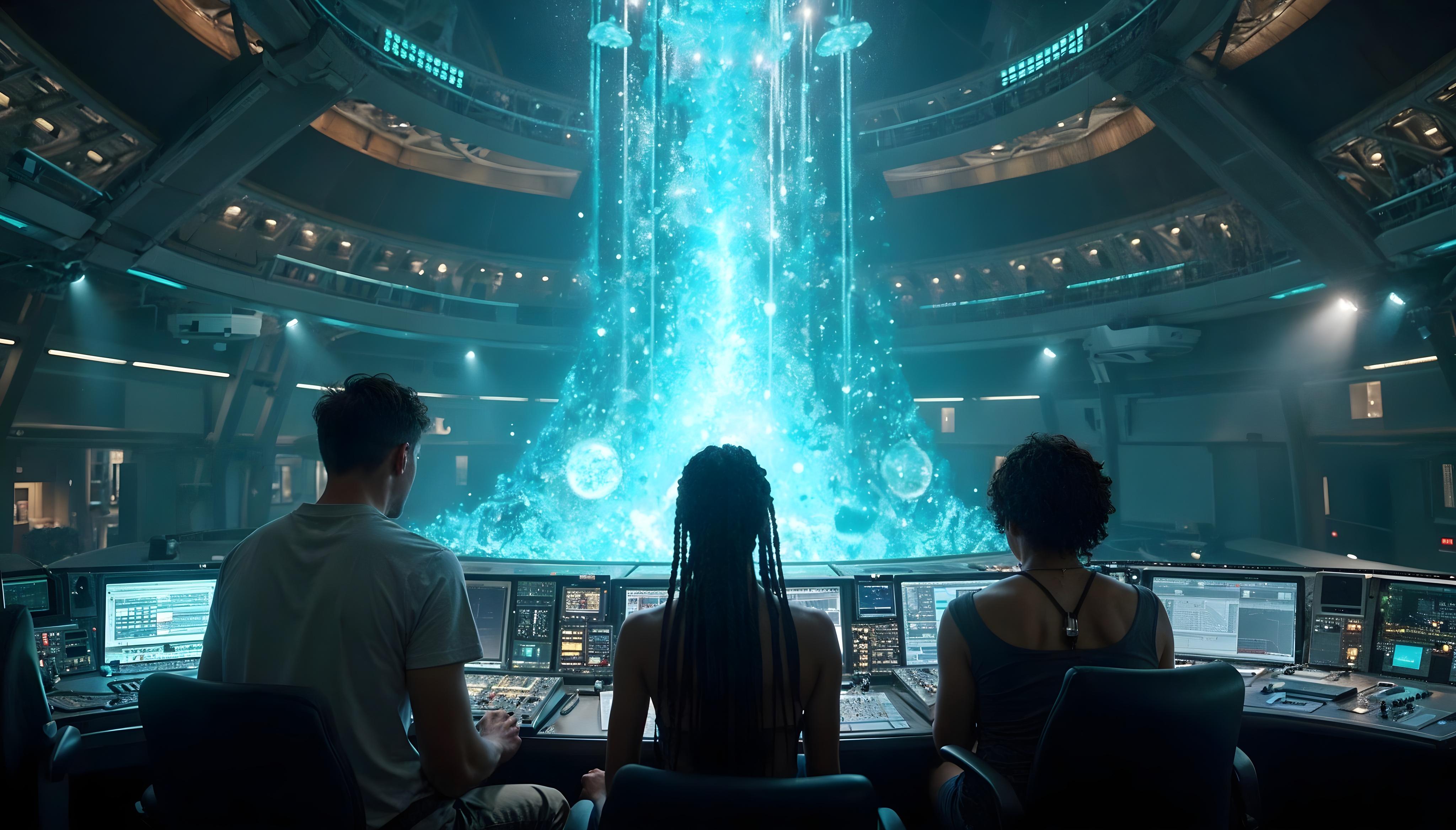 Three people sit at a futuristic control panel, facing a large, glowing blue eternity crystal in the centre of a high-tech room. The setting is illuminated by various screens and interfaces, giving it a sci-fi, technological atmosphere.