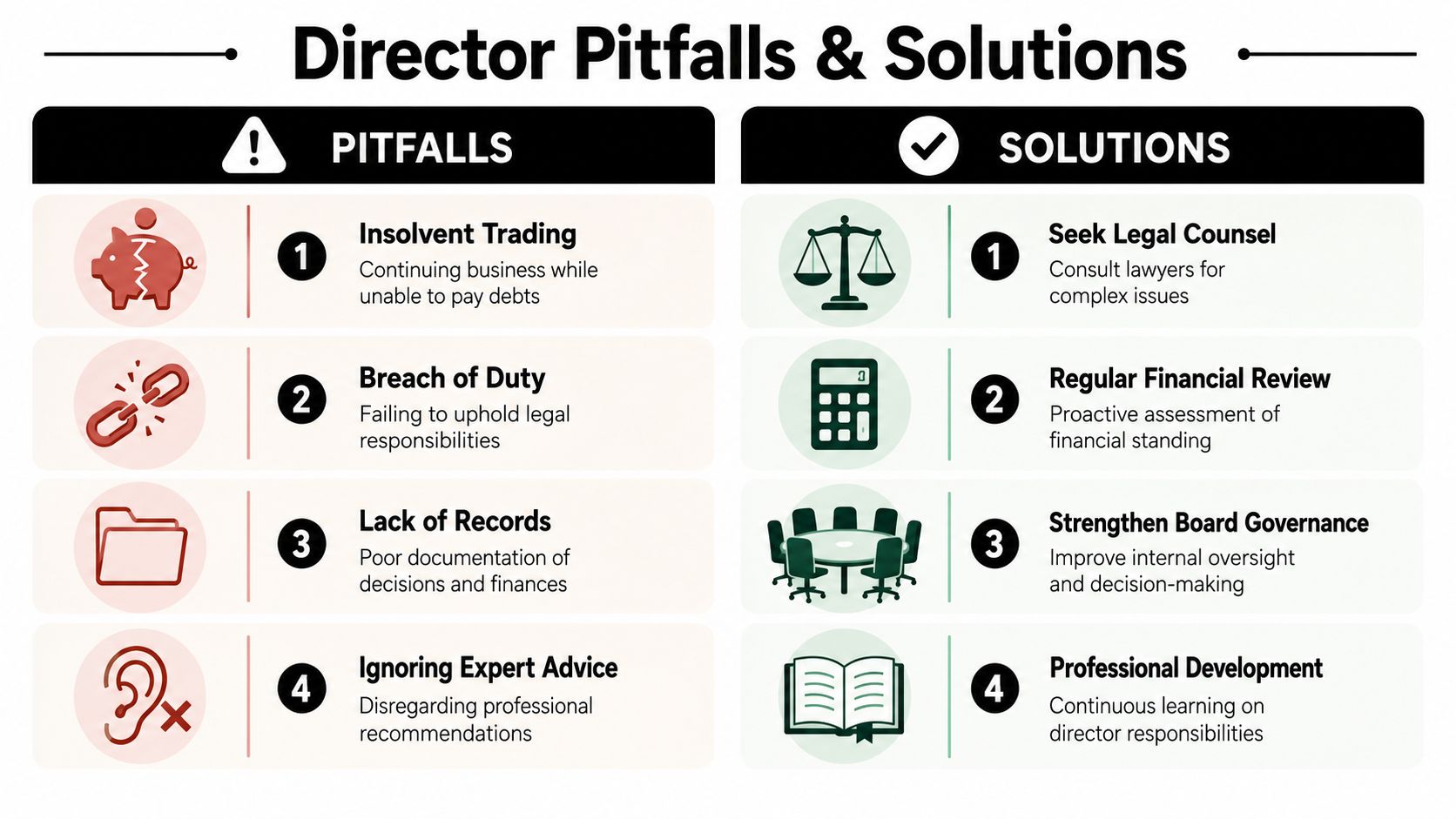 An infographic titled Director Pitfalls and Solutions illustrating key challenges and management strategies for company board directors.