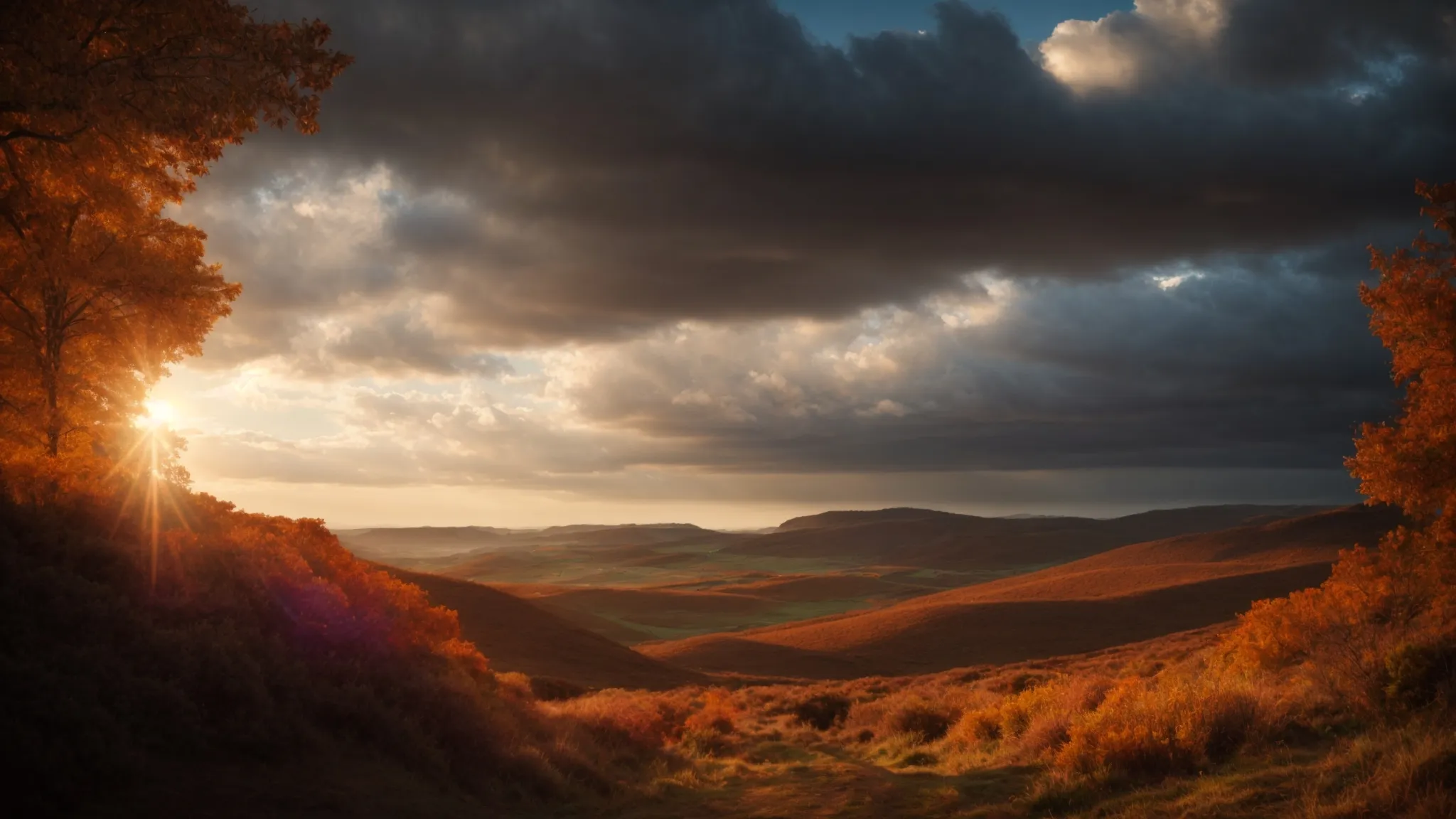 a vibrant landscape under a dramatic sky, where the play of sunlight and shadows accentuates the vivid colors of the natural scenery.