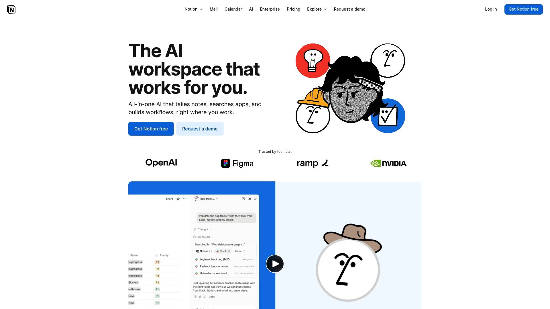 The landing page for Notion, an all-in-one workspace tool, showing its tagline "AI everything app." and a call to action to get started.