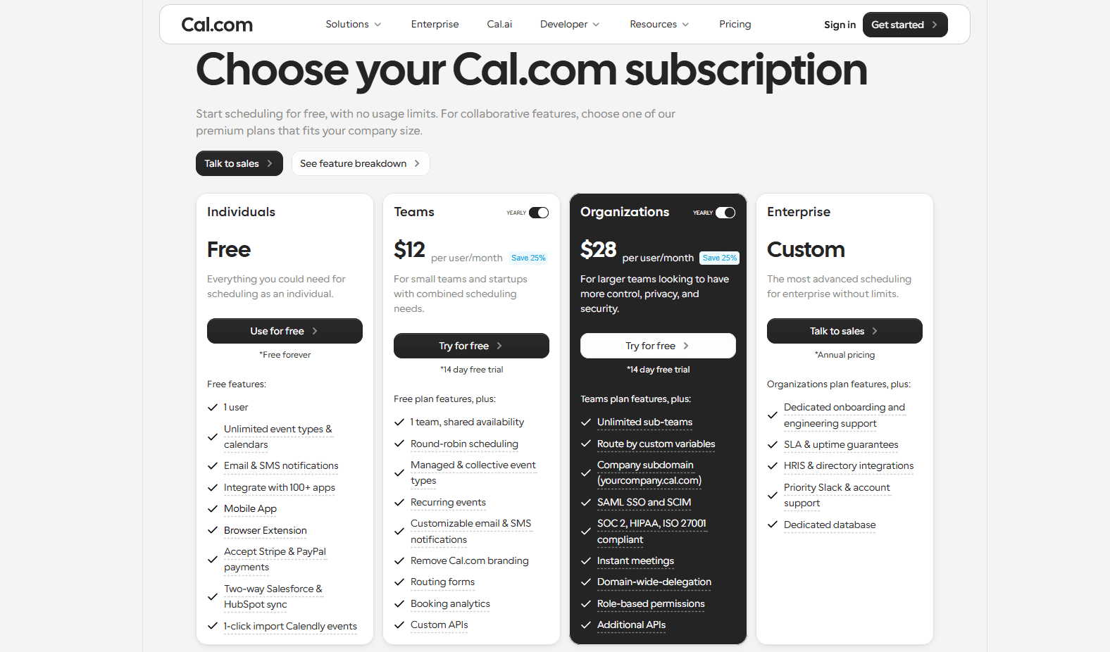 Cal.com subscription plans